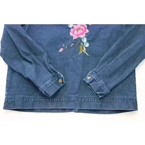 Blair Women's Large Embroidered Floral Collared Chambray Button-Up Denim Shacket - Picture 8 of 9